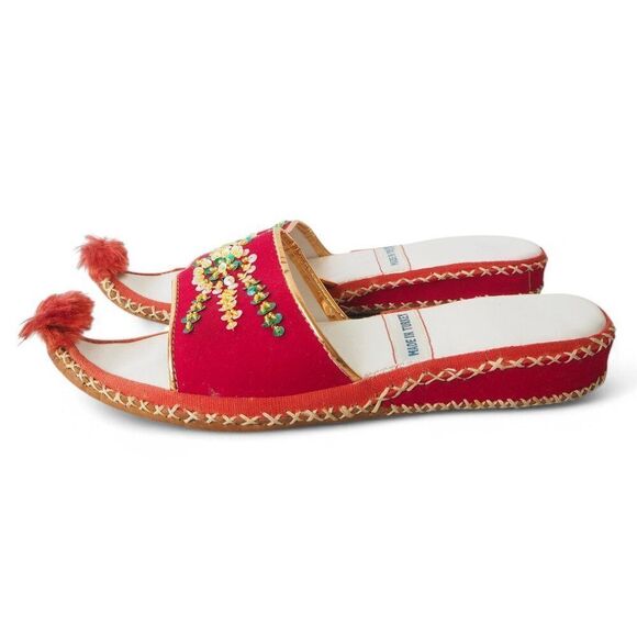 Vintage Turkish Aladdin Handmade Curl Toe Sequins Leather Slippers Women's 7-7.5 - Picture 2 of 10